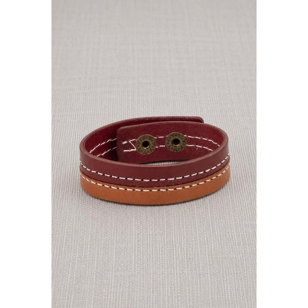 Handmade Leather Cuff Bracelet Burgundy Tan Contrast Stitch Snap Closure